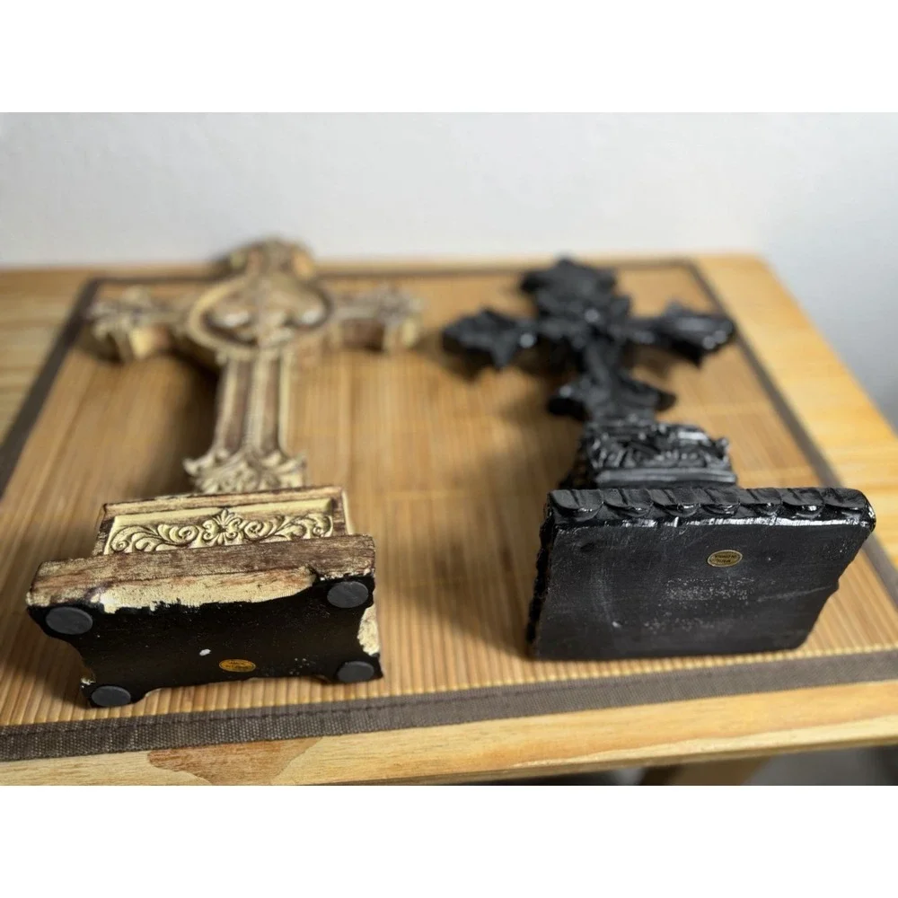 Heavy Distressed Fleur De Lis Cross Tabletop Accent Victorian Gothic Lot Of 2